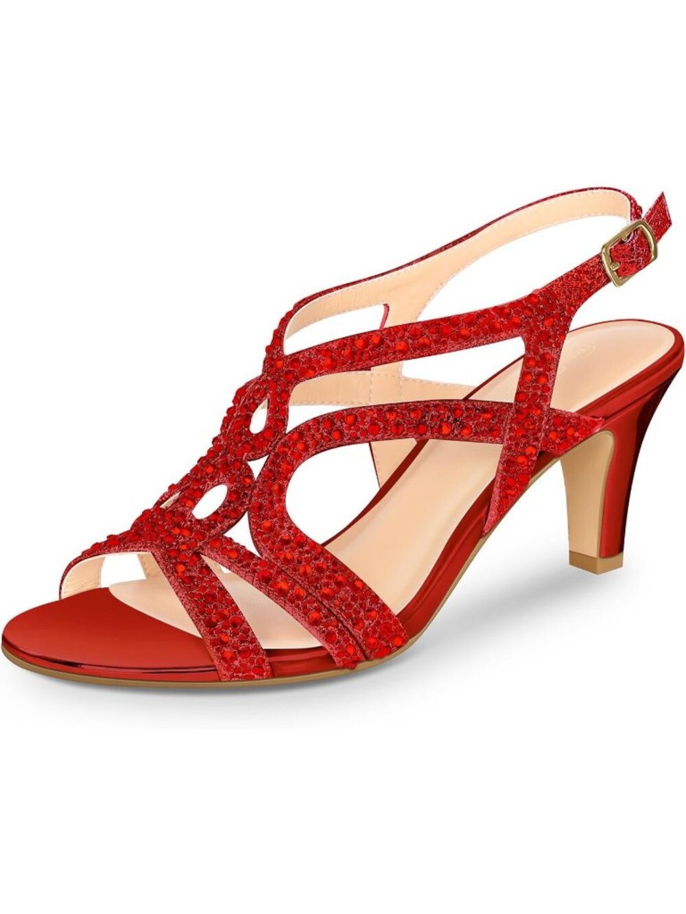 Women's Red Rhinestone Slingback Heels Open Toe Sparkle Wedding Sandals